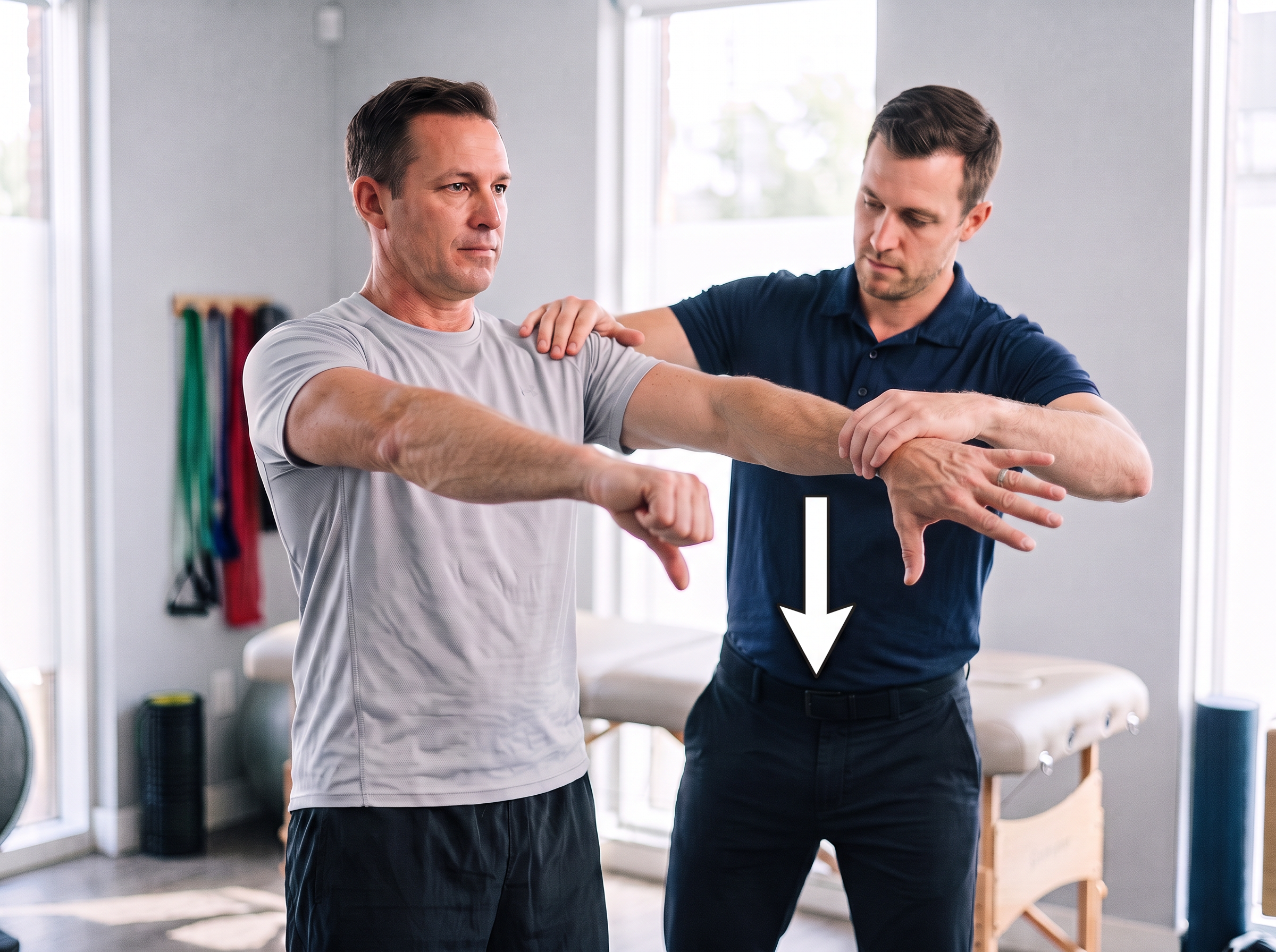 Kinésithérapeute exerçant une résistance vers le bas sur les avant-bras d'un patient debout, bras à 90° dans le plan de la scapula, pouces vers le sol
